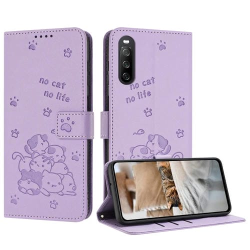 Funda de Piel para Sony Xperia 10 V (2023) con Diseño de Gatito en Relieve y Cordón (Morado)
