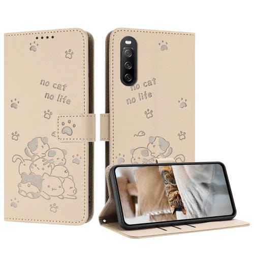 Funda de Piel para Sony Xperia 10 V (2023) con Diseño de Gatito en Relieve y Cordón (Beige)