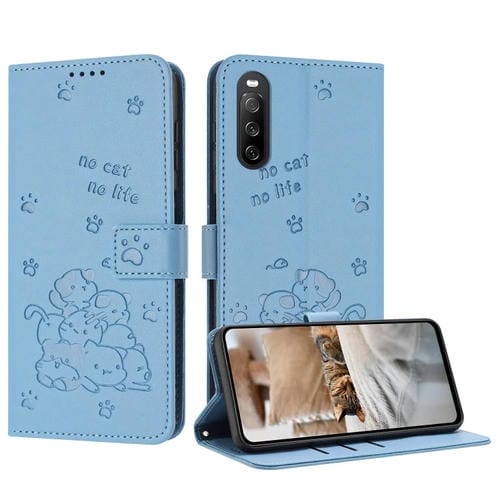 Funda de Piel para Sony Xperia 10 V (2023) con Diseño de Gatito en Relieve y Cordón (Azul)