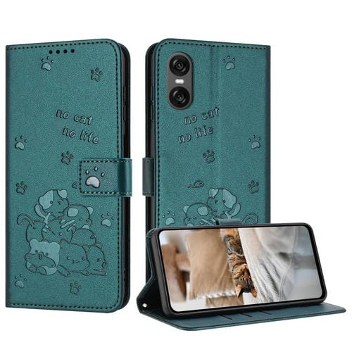Funda de Cuero para Sony Xperia 10 Vi con Diseño de Gatito en Relieve y Cordón (Verde Oscuro)