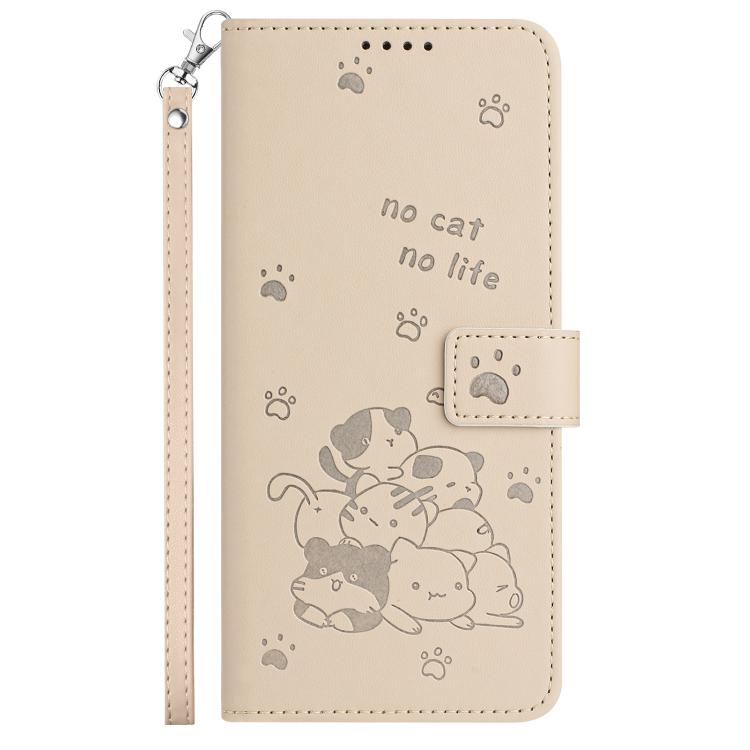 Funda de piel con diseño de gatito en relieve y cordón para Samsung Galaxy S25 FE 5G (beige)