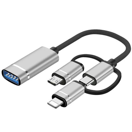 Adaptador OTG 3 en 1 USB Hembra a Micro USB, Tipo C y 8 Pines (Plateado)