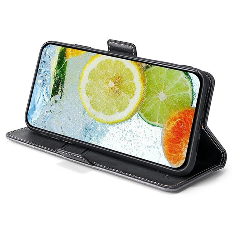 Funda de cuero con hebilla lateral en color de contraste para Samsung Galaxy F06 5G (negro y gris)