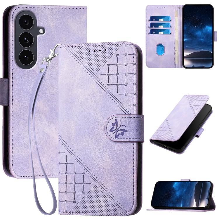 Funda de cuero con estampado de mariposas en relieve y cordón para Samsung Galaxy S25 FE 5G (morado claro)
