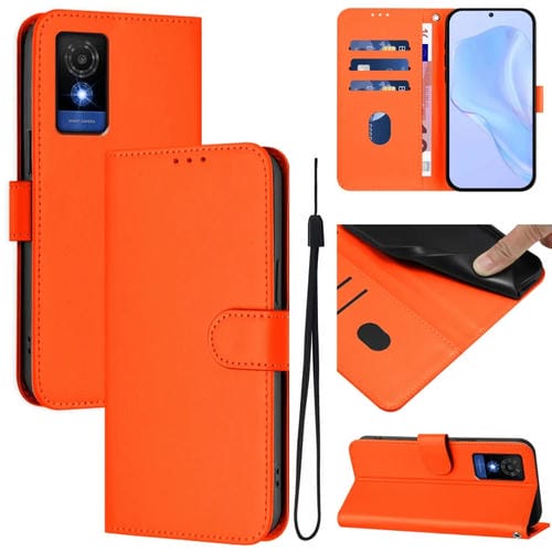 Funda de Piel con Cordón para Teléfono TCL 501 con Tacto de Piel (Naranja)