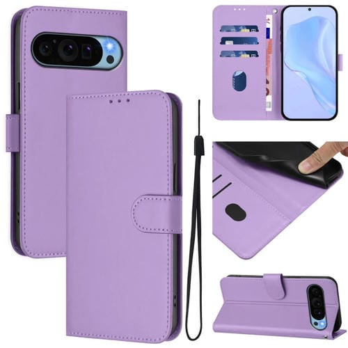 Funda de Cuero con Cordón para Google Pixel 9 y Pixel 9 Pro (Morado Lavanda)