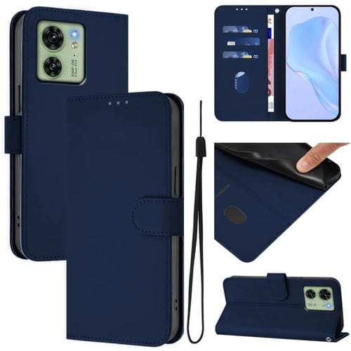 Funda de Cuero con Cordón para Motorola Edge 40 5G con Tacto de Piel (Azul Marino)