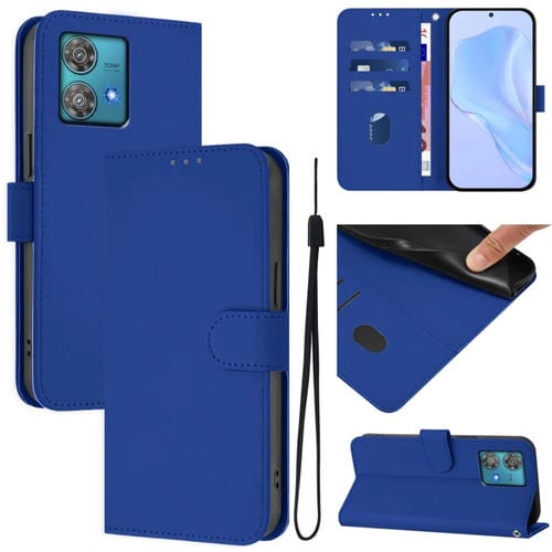 Funda de Piel con Textura para Motorola Edge 40 Neo 5G con Cordón (Azul Oscuro)