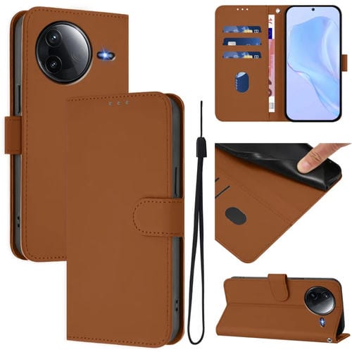 Funda de Cuero con Cordón para Redmi K80/K80 Pro, Color Sólido y Tacto Suave (Marrón)