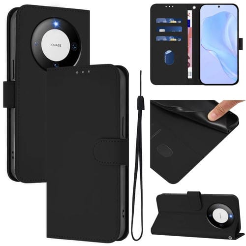 Funda de Piel Sintética con Cordón para Huawei Mate 60 con Tacto de Piel (Negro)