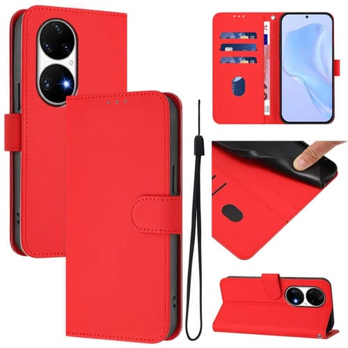 Funda de Piel con Cordón para Huawei P50 Pro con Tacto de Piel (Rojo)