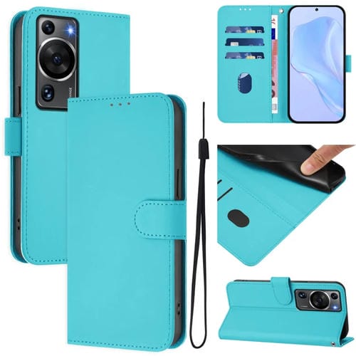 Funda de Piel Sintética con Cordón para Huawei P60 y P60 Pro (Azul Lago)
