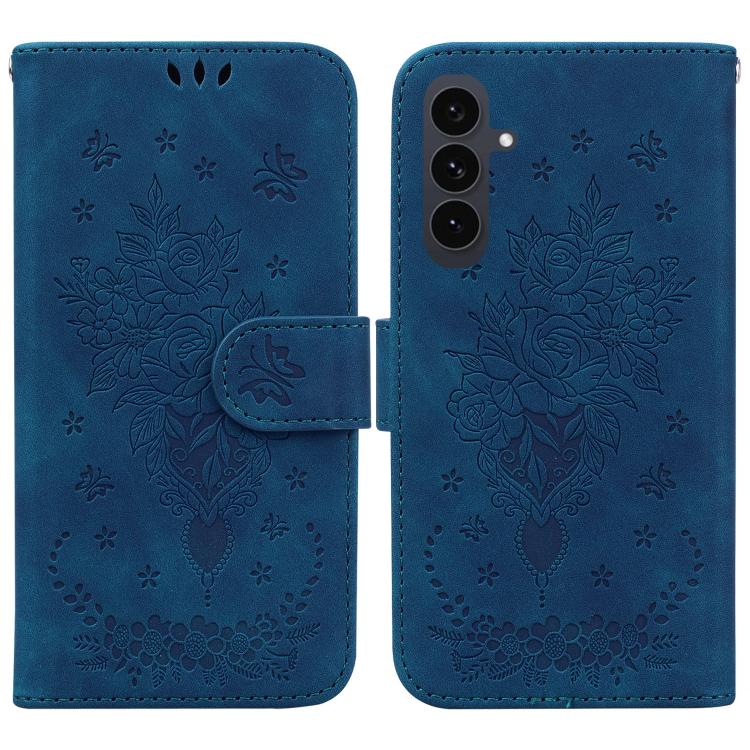 Funda de cuero con relieve de mariposa y rosa para Samsung Galaxy S25 FE 5G (azul)