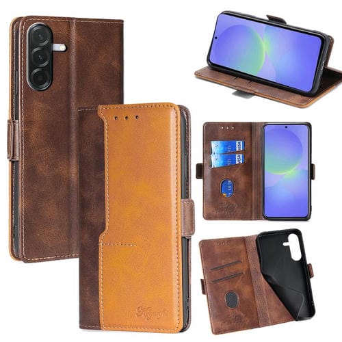 Funda de cuero con hebilla lateral en color de contraste para Samsung Galaxy A36 5G (marrón oscuro y dorado)
