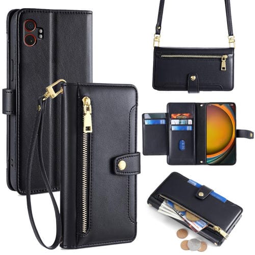 Funda de cuero tipo cartera con cremallera y textura de oveja para Samsung Galaxy Xcover 7 Pro 5G (negra)