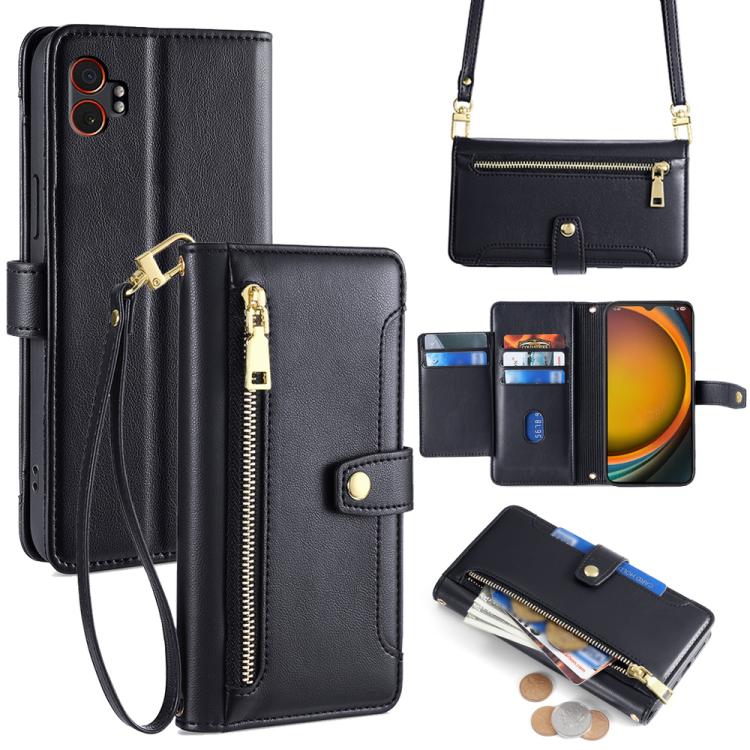 Funda de cuero tipo cartera con cremallera y textura de oveja para Samsung Galaxy Xcover 7 Pro 5G (negra)
