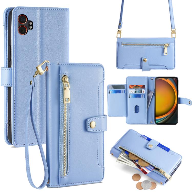 Funda de cuero tipo cartera con cremallera y textura de oveja para Samsung Galaxy Xcover 7 Pro 5G (azul)