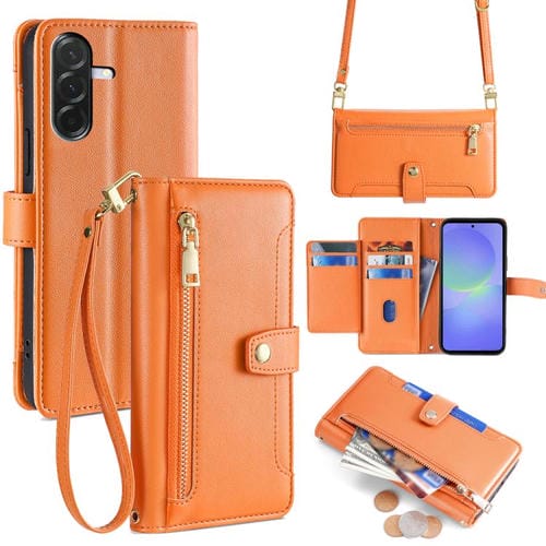 Funda de cuero tipo cartera con cremallera y textura de oveja para Samsung Galaxy A36 5G (naranja)