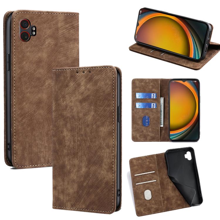 Funda de cuero magnética con cepillo y antirrobo RFID para Samsung Galaxy Xcover 7 Pro 5G (marrón)