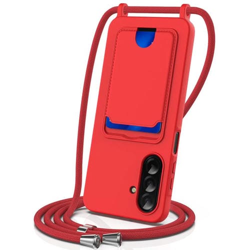 Funda de silicona líquida con cordón para Samsung Galaxy A17 5G, color sólido, con tarjetero integrado (rojo)