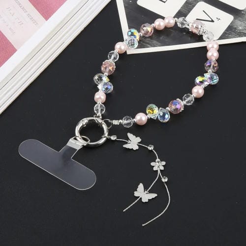 Pulsera de Aleación con Cuentas de Mariposa y Cordón Corto Antipérdida para Teléfono (Rosa)