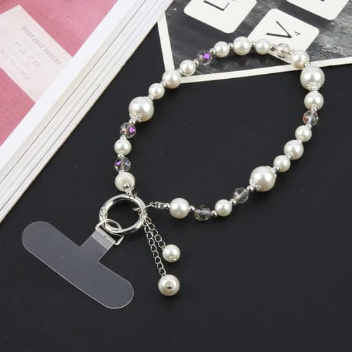 Pulsera Corta de Perlas con Cordón Antipérdida para Teléfono (Blanco)