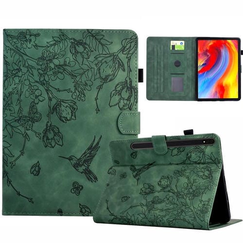 Funda de cuero inteligente con estampado de flores y pájaros para Samsung Galaxy Tab S10 FE+ (verde)