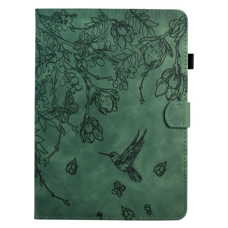 Funda de cuero inteligente con estampado de flores y pájaros para Samsung Galaxy Tab S10 FE+ (verde)