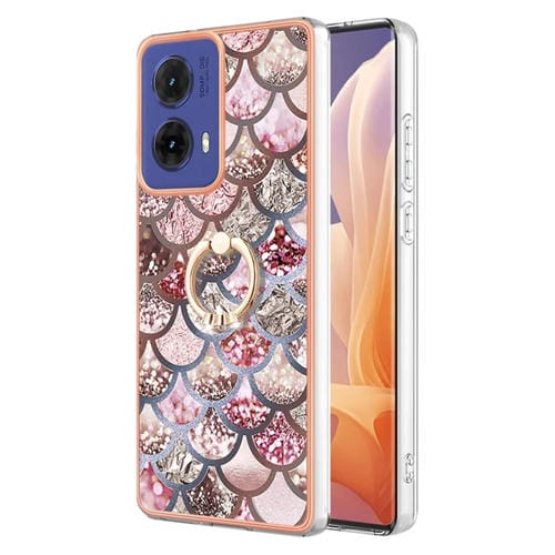 Funda TPU con Patrón Galvanoplastia y Soporte Anillo Diamantes para Motorola Moto G85 (Escamas Rosas)