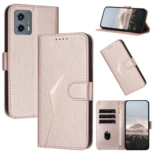 Funda de Cuero Motorola Moto G 5G 2023 con Cierre de Hebilla y Diseño Triangular (Oro Rosa)