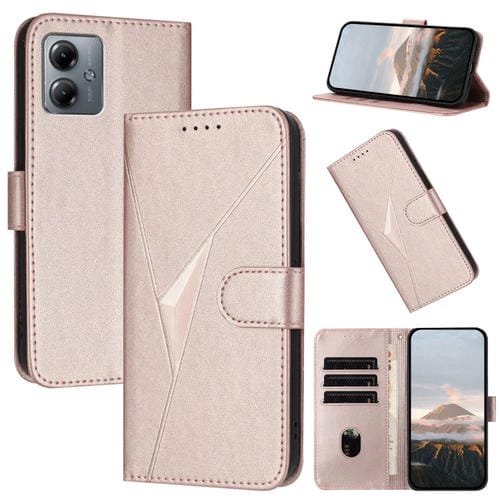 Funda de Cuero con Cierre de Hebilla y Diseño Triangular para Motorola Moto G14 (Oro Rosa)