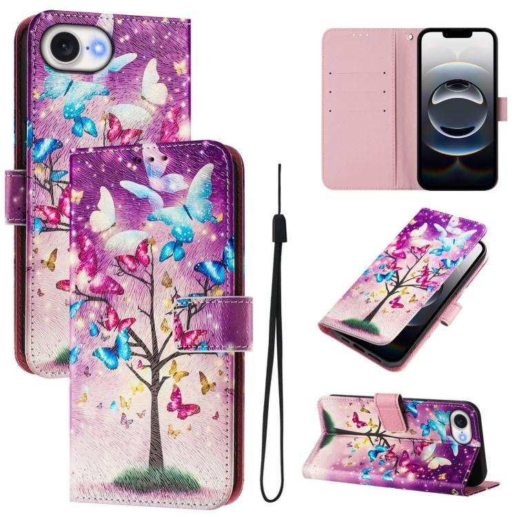Funda de Cuero iPhone 16E Patrón Dibujo Artístico Rama de Mariposa (Color)