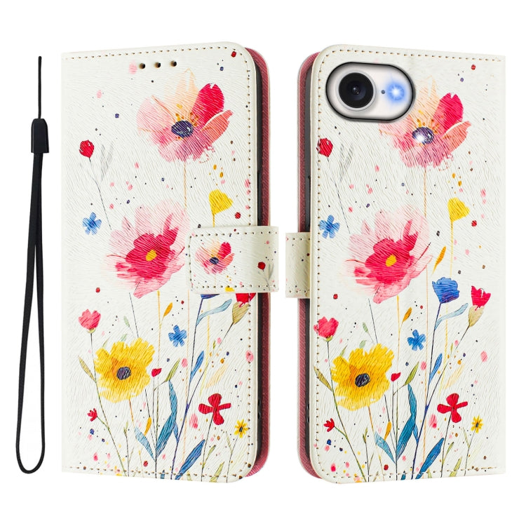 Funda de Cuero para iPhone 16E Diseño de Dibujos Artísticos Flores y Plantas (Color)