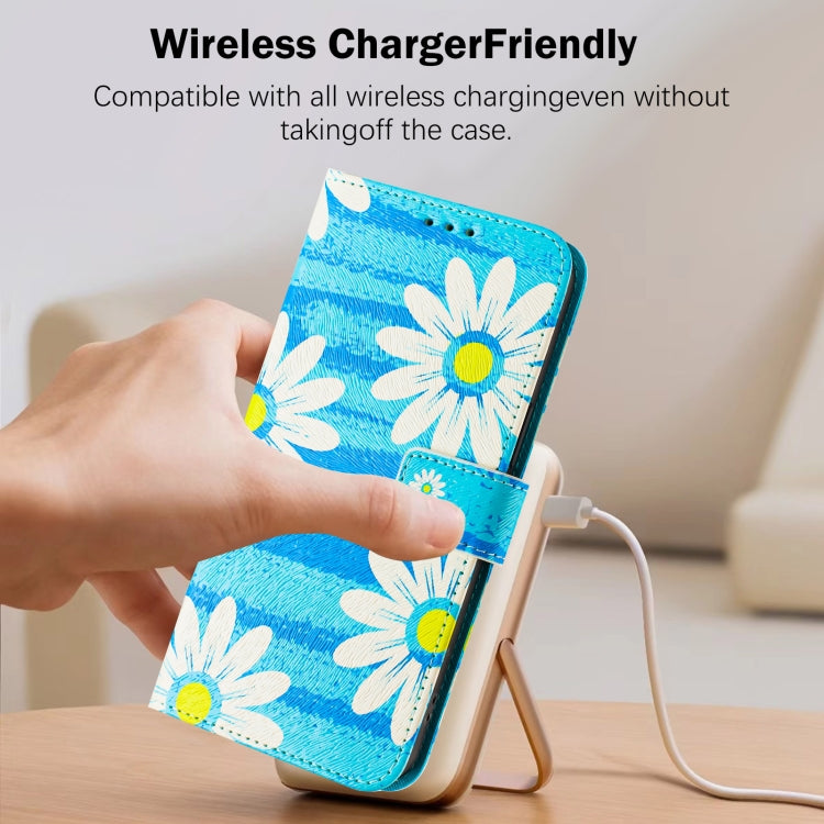Funda de Cuero para iPhone 16E Diseño Dibujo Artístico (Margarita Azul)