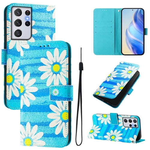 Funda de Cuero para Teléfono Samsung Galaxy S21 Ultra 5G Patrón Dibujo Artístico (Margarita Azul)
