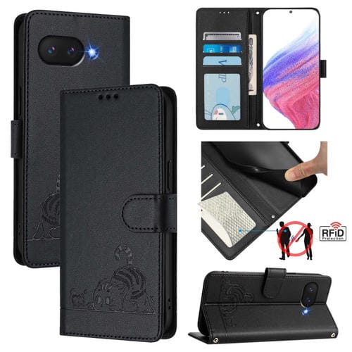 Funda de Cuero Rfid para Google Pixel 9A con Estampado de Rata y Gato en Relieve y Cordón (Negro)