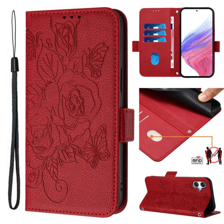Funda de cuero antirrobo RFID con relieve rosa para Samsung Galaxy A07 4G (roja)