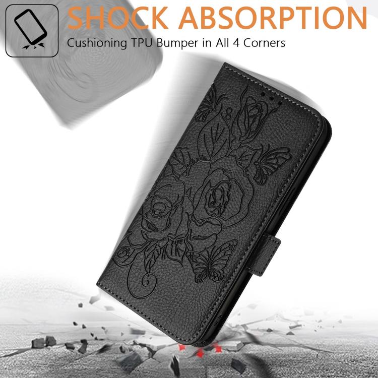 Funda de cuero antirrobo RFID con relieve rosa para Samsung Galaxy A07 4G (negra)