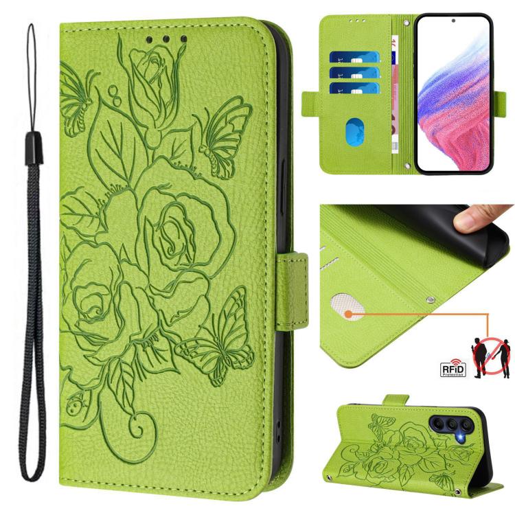 Funda de cuero antirrobo RFID con relieve rosa para Samsung Galaxy A17 4G (verde)