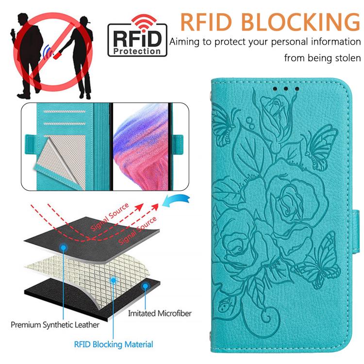 Funda de cuero antirrobo RFID con relieve rosa para Samsung Galaxy A17 4G (azul claro)