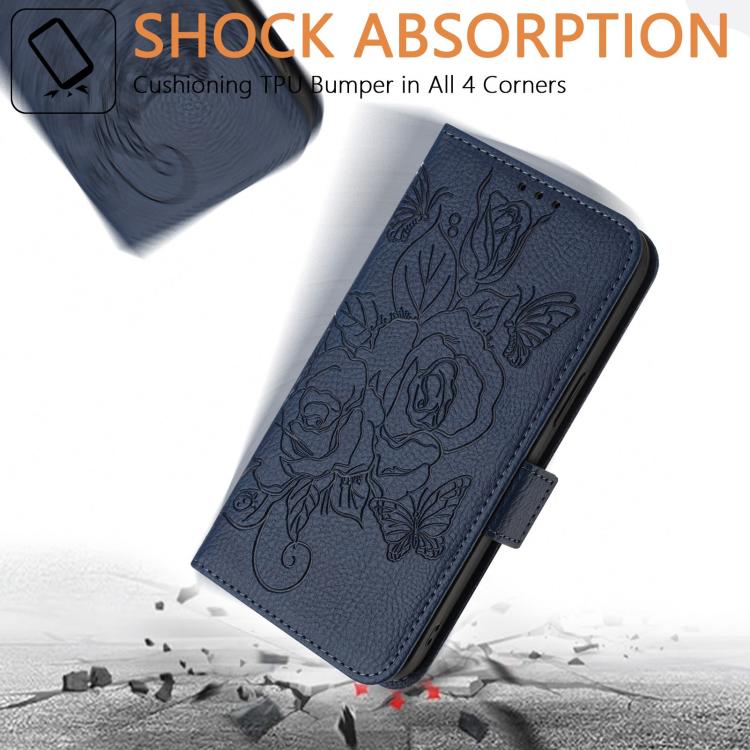 Funda de cuero antirrobo RFID con relieve rosa para Samsung Galaxy A17 4G (azul oscuro)