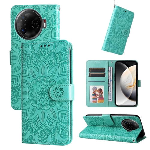 Funda de Piel con Relieve de Girasol para Teléfono Tecno Camon 30 Pro (Verde)
