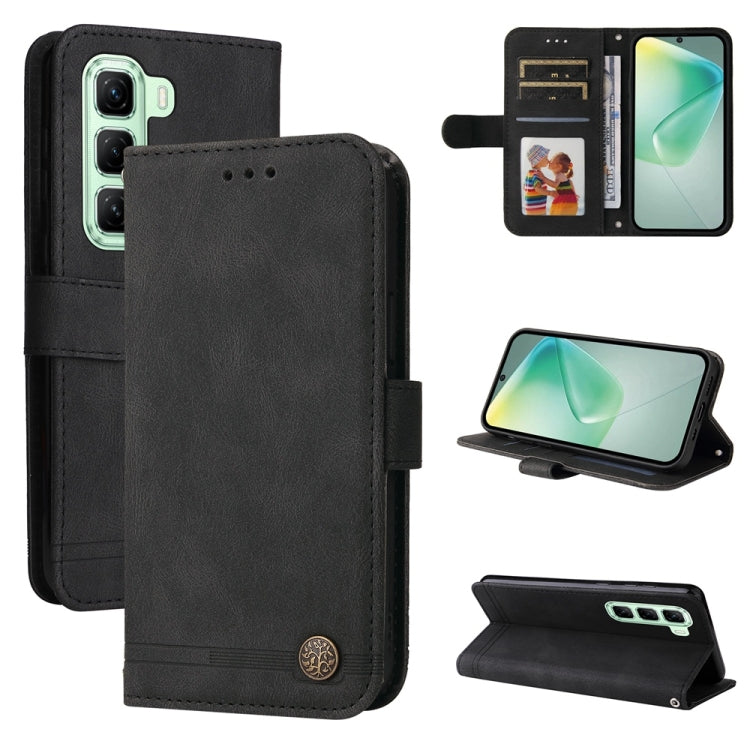 Funda de Cuero con Botones de Metal y Diseño Árbol de la Vida para Infinix Hot 50 5G (Negro)