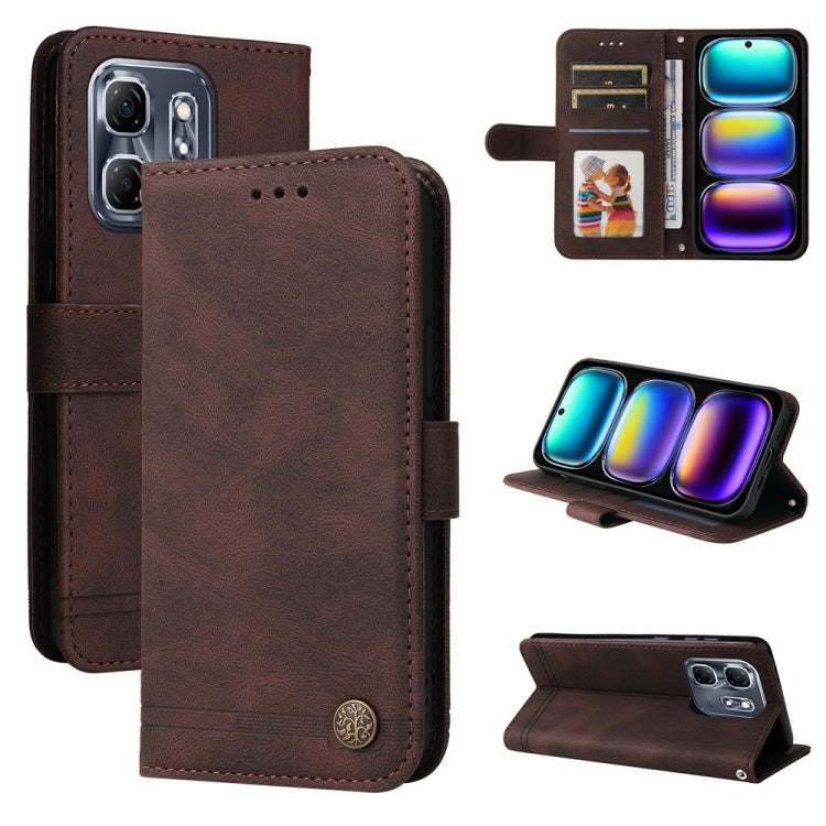 Funda de Cuero para Infinix Hot 50I Smart 9 con Botones de Metal y Diseño Árbol de la Vida (Marrón)