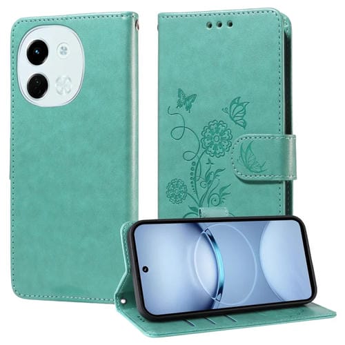 Funda de Cuero para Tecno Spark 30 5G Pova 6 Neo 5G con Diseño de Mariposas y Flores en Relieve (Verde)