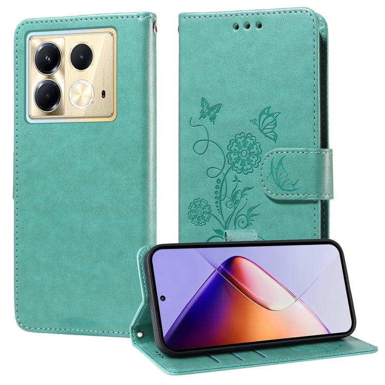 Funda de Cuero para Infinix Note 40 5G con Diseño de Mariposas y Flores en Relieve (Verde)