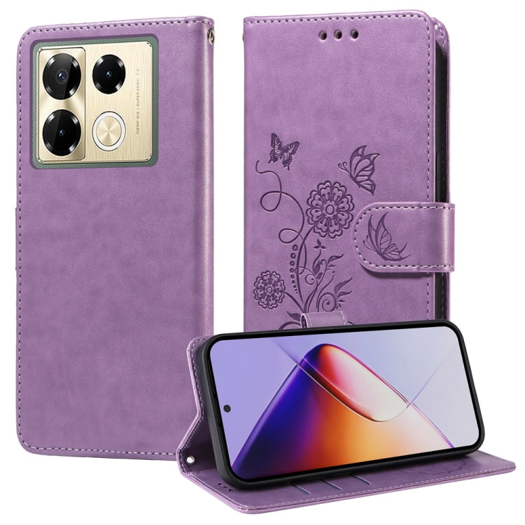 Funda de Cuero para Infinix Note 40 Pro 4G/5G y Note 40 Pro+ con Mariposas y Flores en Relieve (Morado)