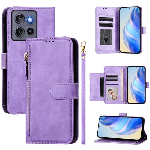 Funda de Cuero con Cremallera y Ranuras para Tarjetas para Motorola Moto G Stylus 5G (2025) (Morado)