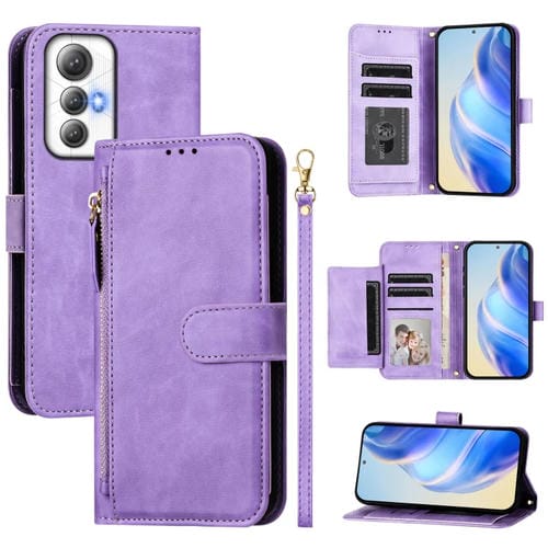 Funda de Cuero para Cubot Max 5 con Cremallera y Ranuras para Tarjetas (Morado)
