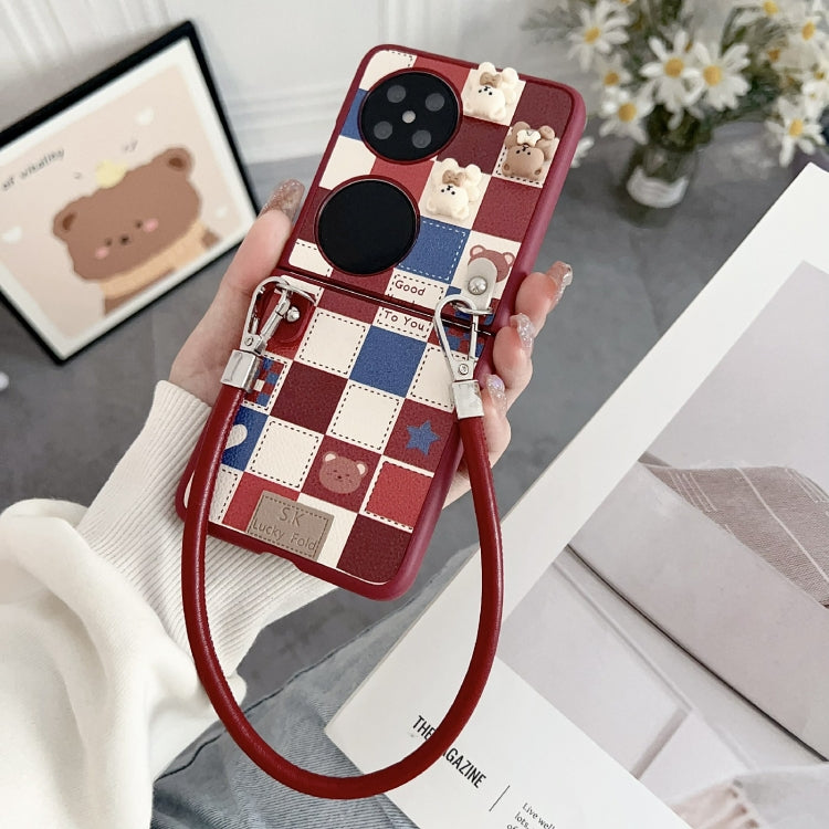 Funda para Teléfono Huawei Pocket 2 con Diseño Osito Enrejado y Correa para Muñeca (Rojo)